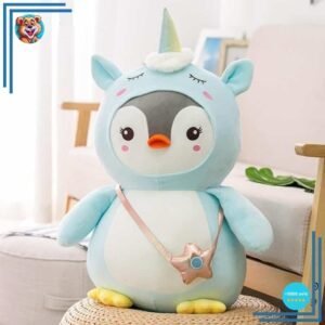 Peluche pingouin déguisé licorne bleue