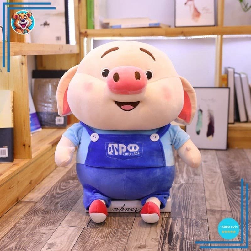 Peluche cochon habillé tenue bricoleur
