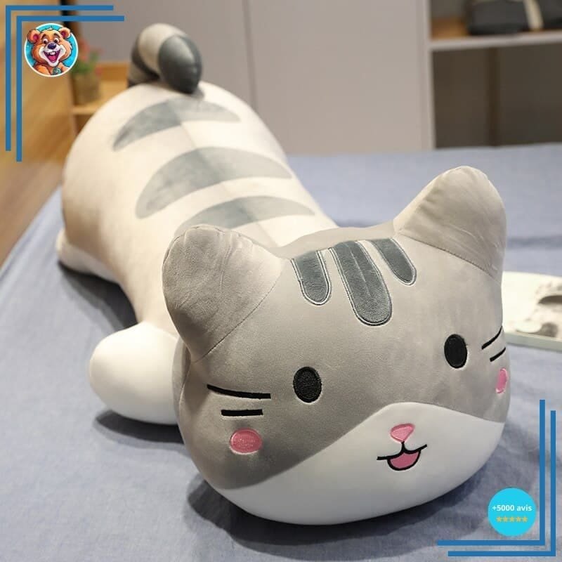 Grande peluche chat oreiller gris