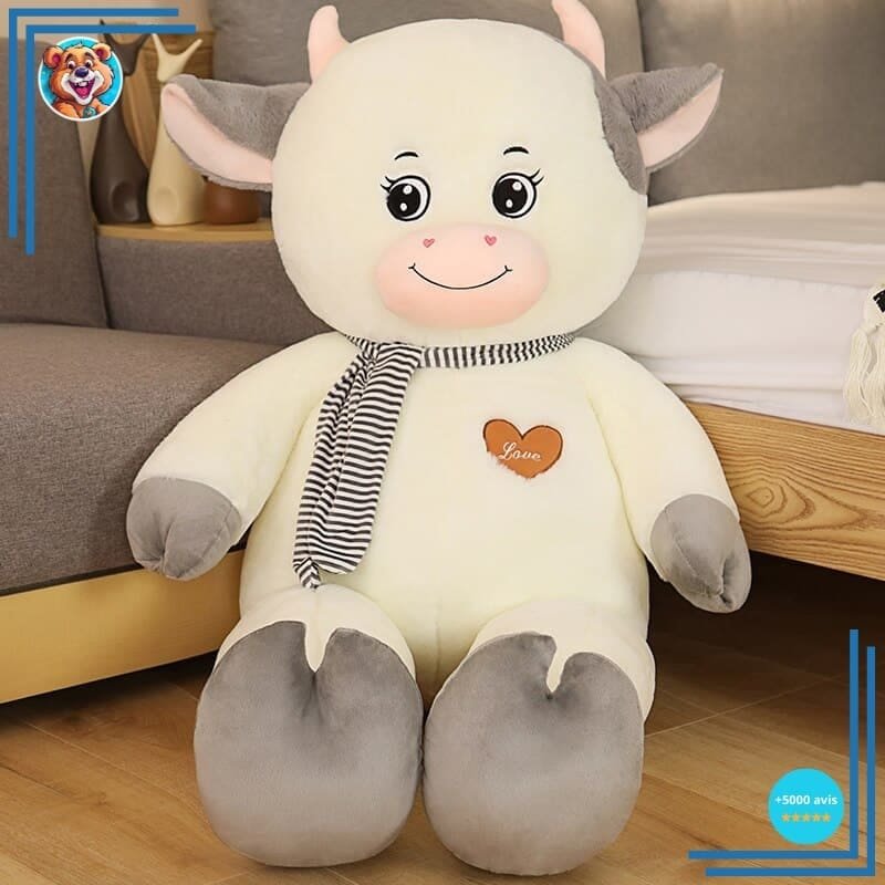 Peluche vache géante blanche grise