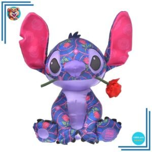 Peluche violette Stitch avec une rose rouge dans la bouche