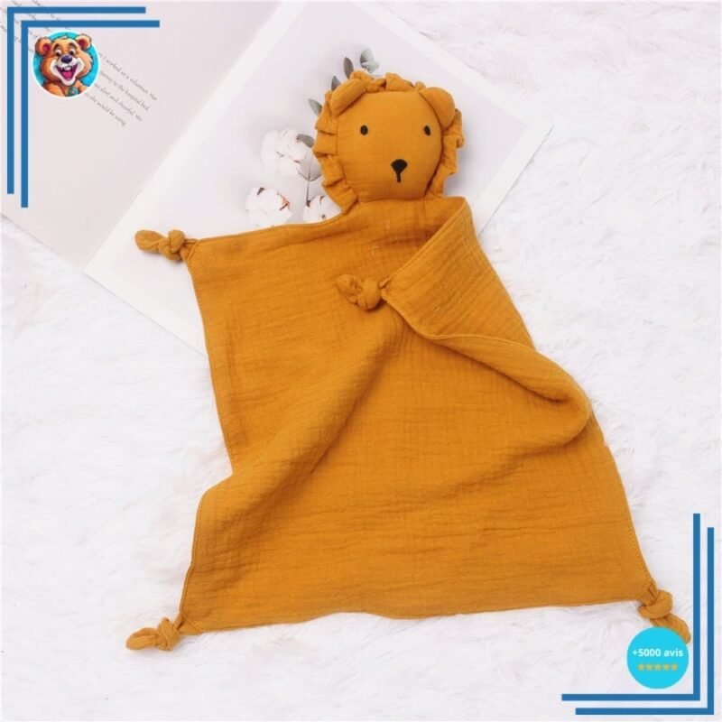 Doudou lion en mousseline et coton