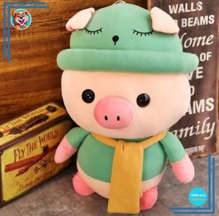 Peluche cochon habillé tenue verte
