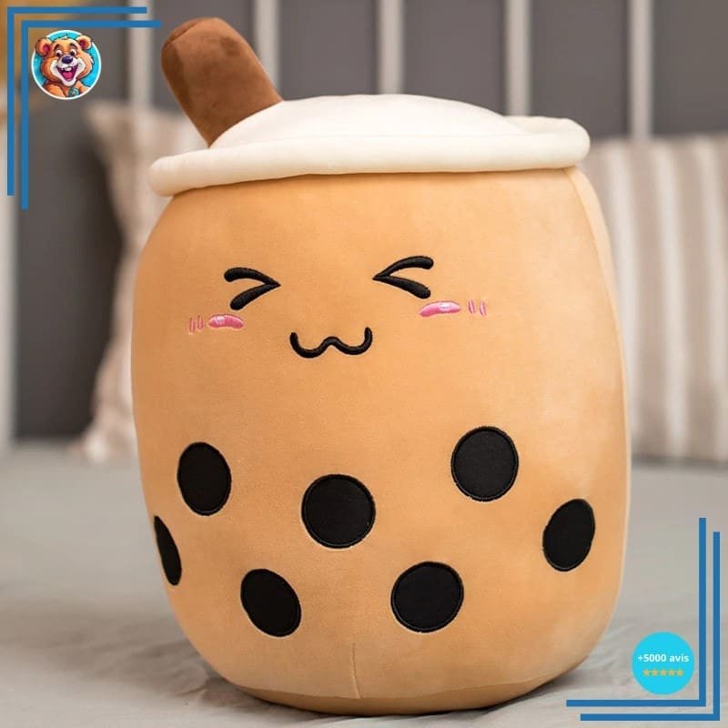 Peluche coussin Bubble tea mignon marron