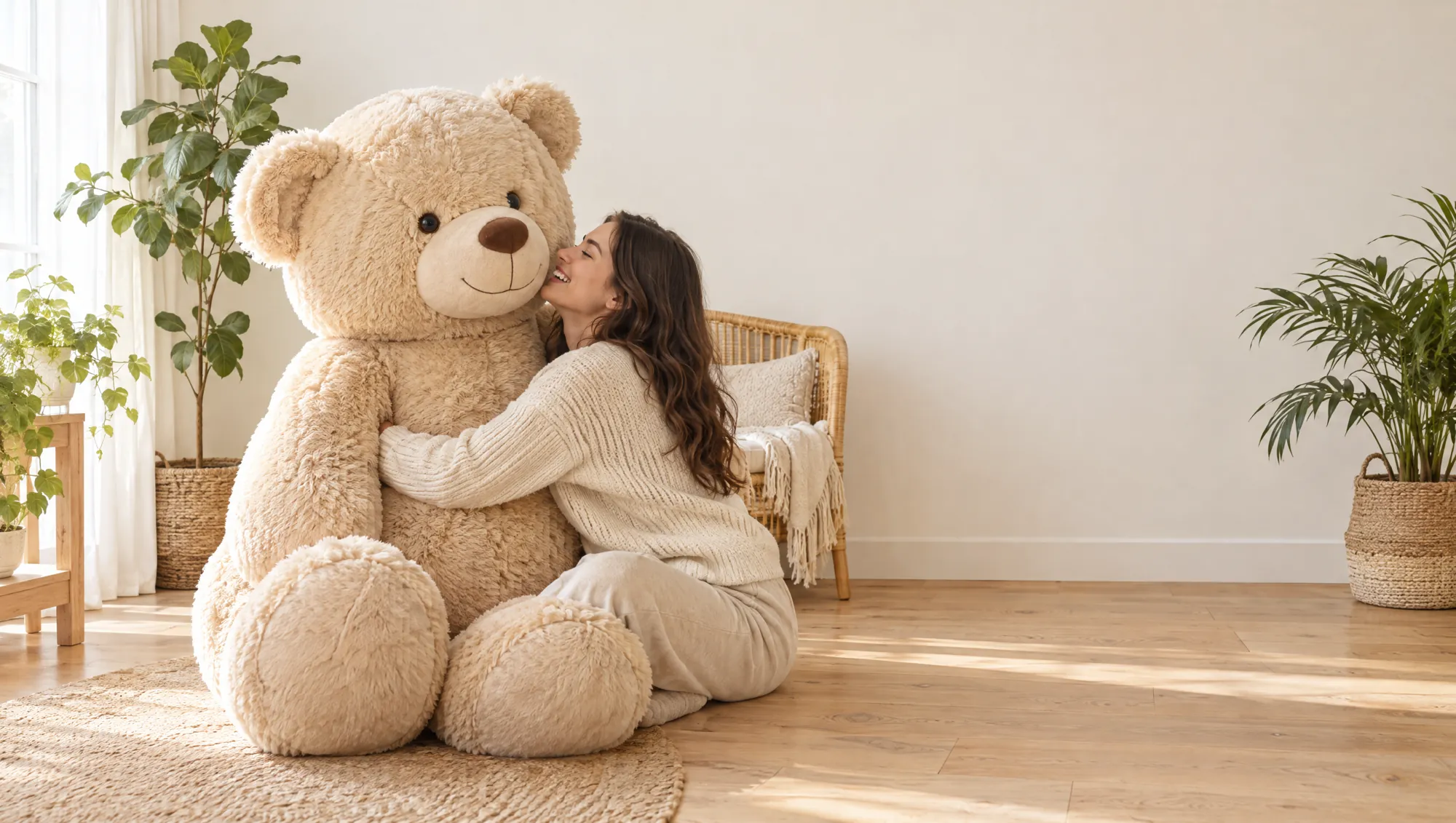 Une jeune femme serre un ours en peluche géant