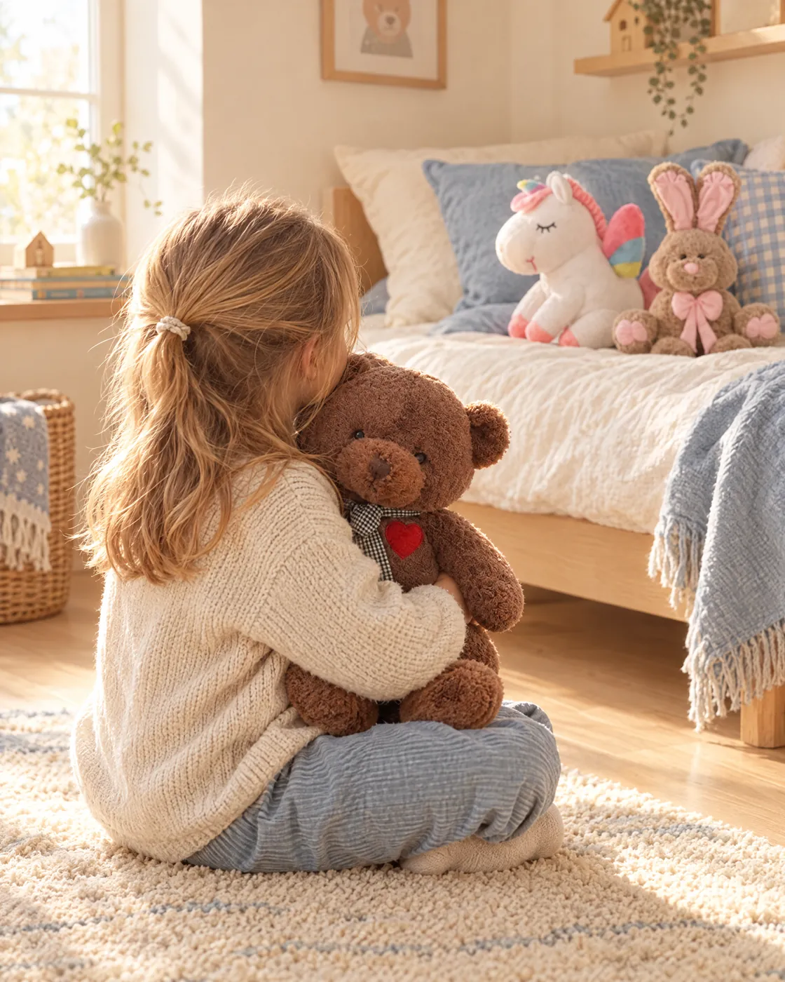 Un enfant serre un ours en peluche dans une chambre lumineuse