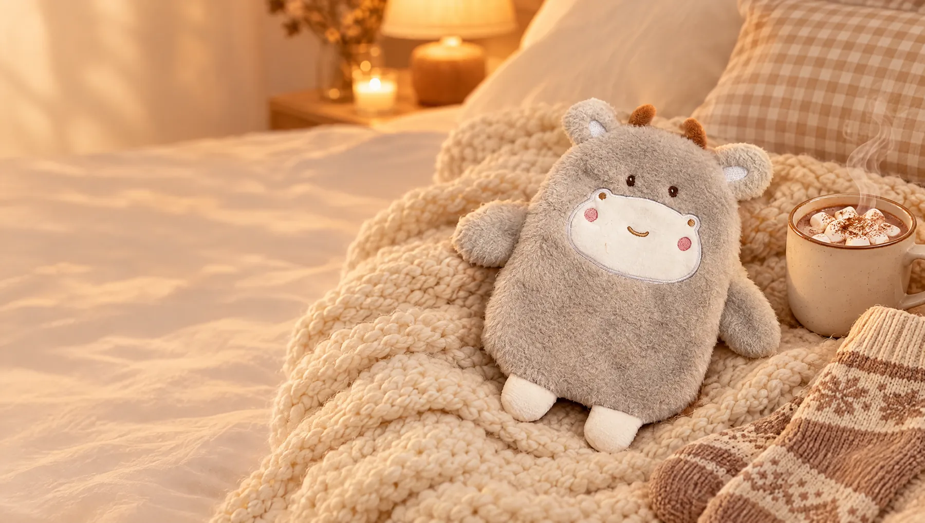 Une bouillotte peluche posée sur un plaid en laine
